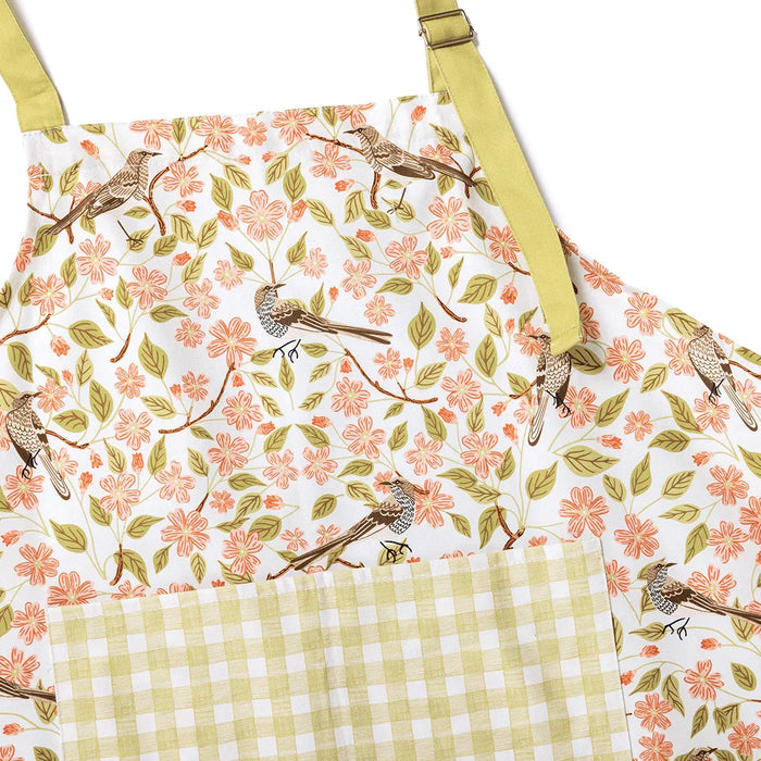 Apple Blossom Apron - Gingiber floral birds pattern with yellow straps and gingham pocket, 100% cotton canvas, adjustable neck, large pocket