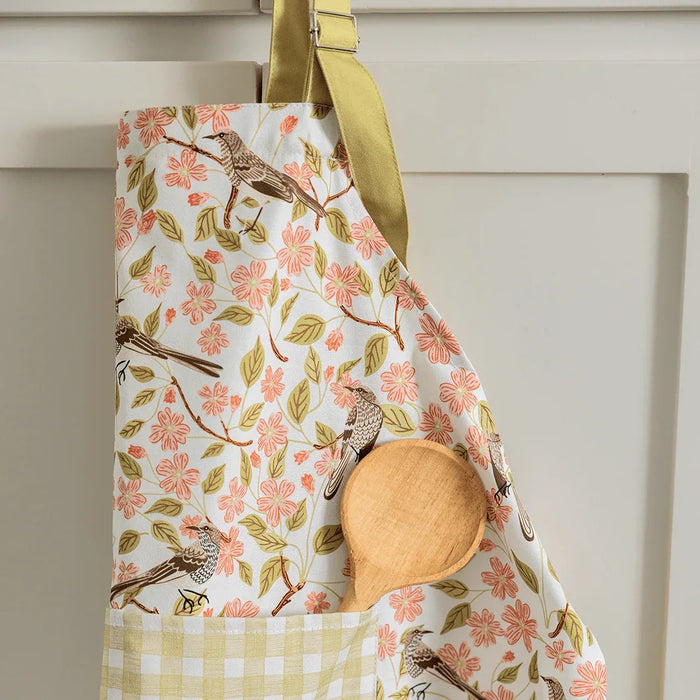Apple Blossom Apron - Gingiber design with birds and pink blossoms, adjustable neck strap, front pocket, 100% cotton canvas, one size