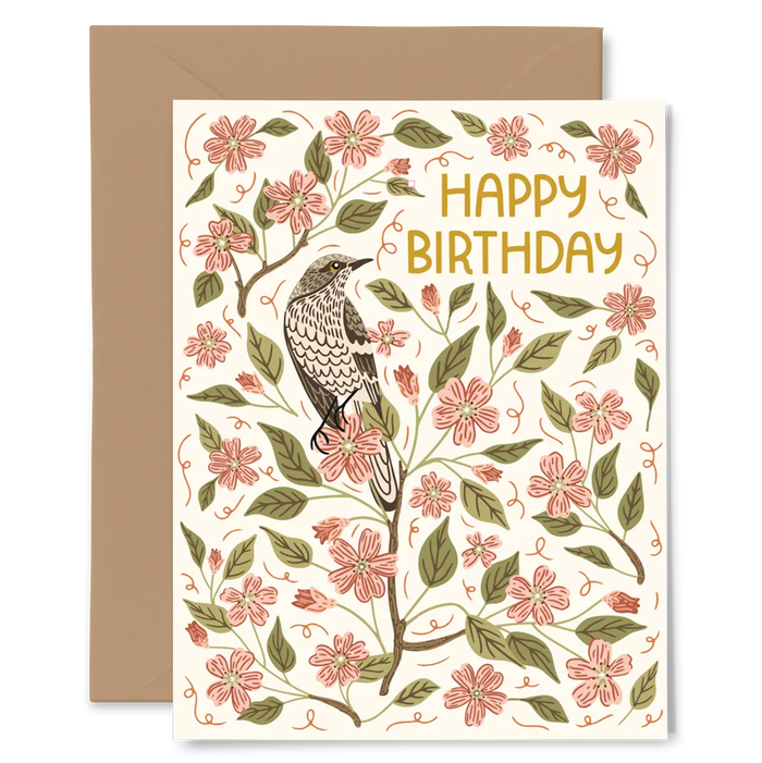 Apple Blossom Birthday Card - hand-illustrated Gingiber greeting card with bird and pink blossoms, includes kraft envelope, USA designed & printed