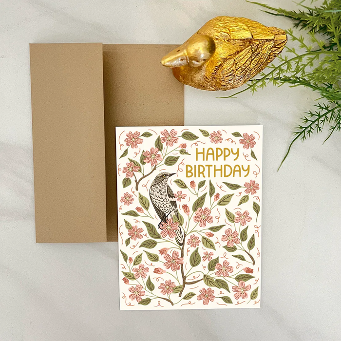 Apple Blossom Birthday Card by Gingiber — hand-illustrated greeting card with floral twigs and bird, happy birthday message, USA design