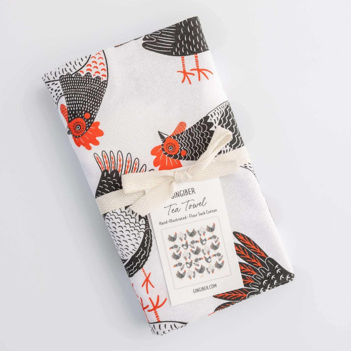 tea towel with illustrated chickens