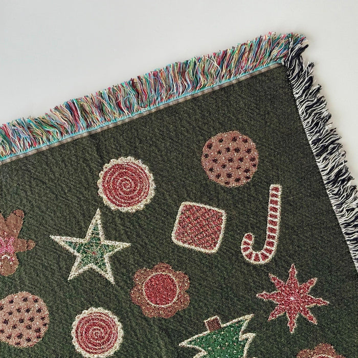 Christmas Cookies Blanket - woven throw with green background and cookie illustrations