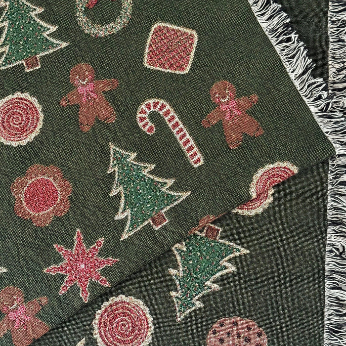 Christmas Cookies Blanket - woven throw with green background and cookie illustrations