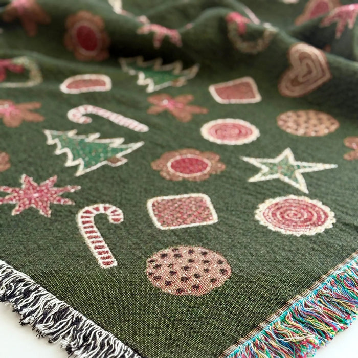 Christmas Cookies Blanket - woven throw with green background and cookie illustrations