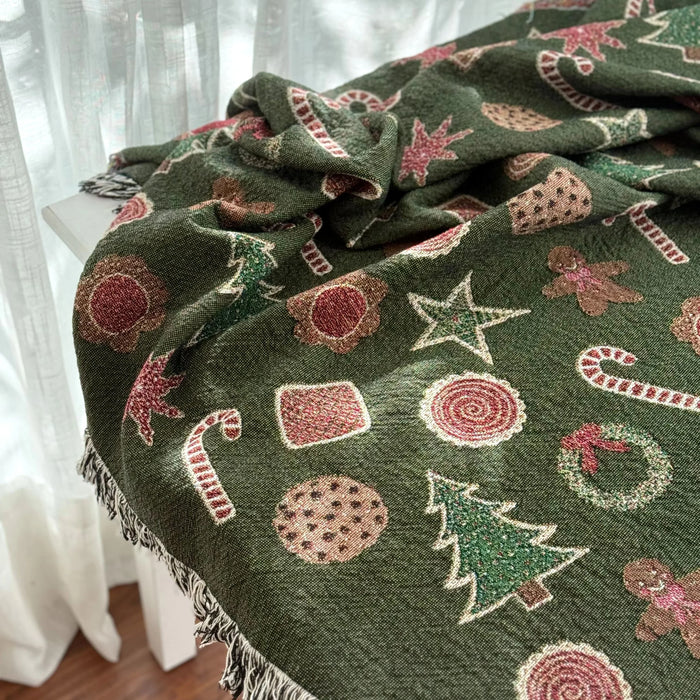 Christmas Cookies Blanket - woven throw with green background and cookie illustrations