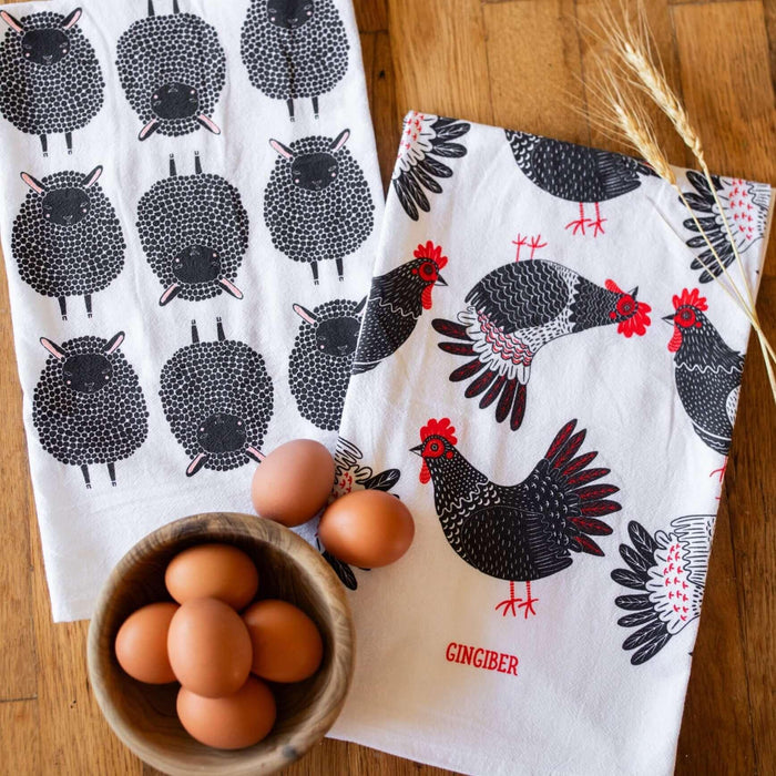 tea towels with illustrated chickens and sheep