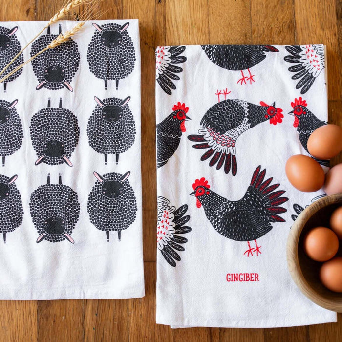 tea towels with illustrated chickens and sheep