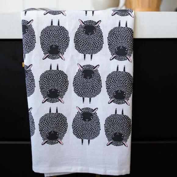 tea towel with illustrated sheep