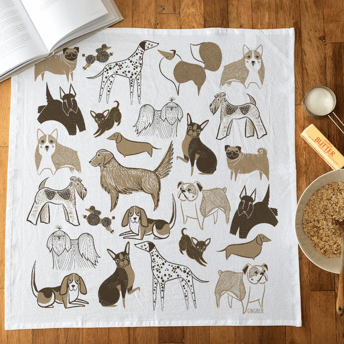 tea towel with illustrated cats and dogs