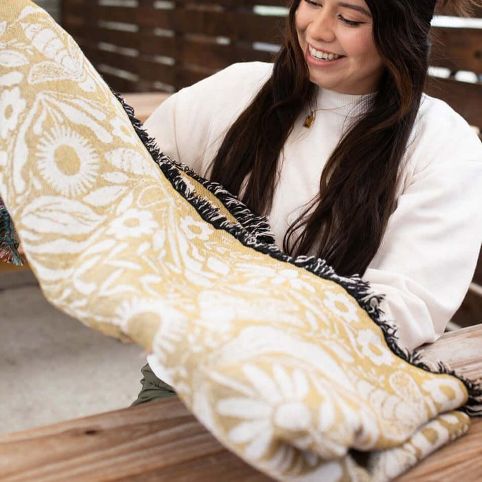 Blanket - woven throw featuring gold bee and beehive illustrations