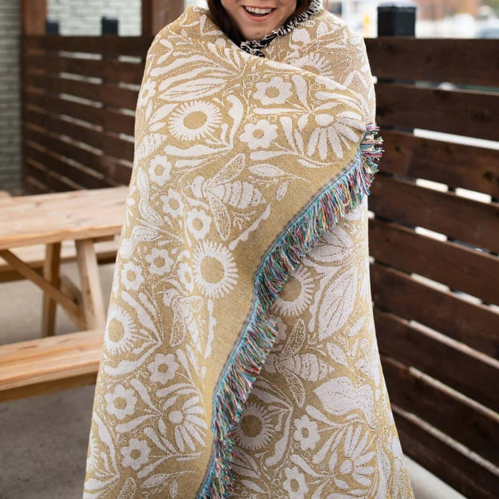 Blanket - woven throw featuring gold bee and beehive illustrations