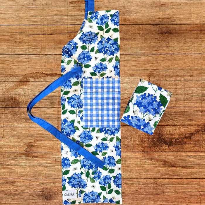 Hydrangea Apron—bake in style with gingiber apron featuring blue hydrangea print and matching tea towel,  adjustable neck strap, large pocket, 100% cotton canvas