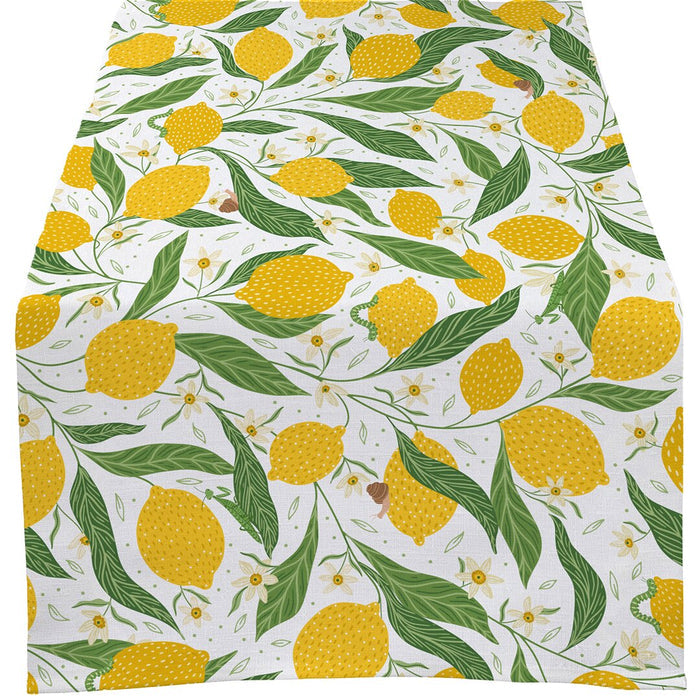 Fabric with a lemon and leaf pattern on a white background