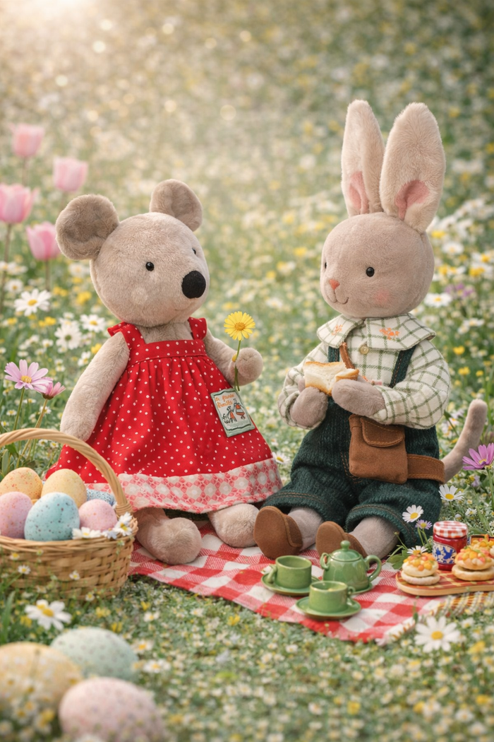 Plush mouse and rabbit sitting on a picnic blanket in a floral field with Easter eggs and treats.