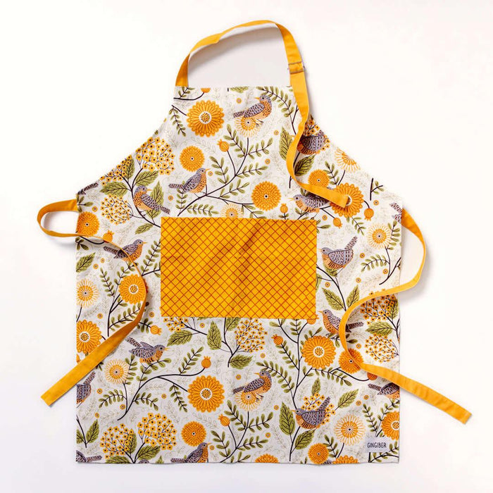 Apron - Gingiber floral apron with adjustable neck strap, large pocket, cotton canvas, 29" L x 26" W, tie back, 100% cotton, imported