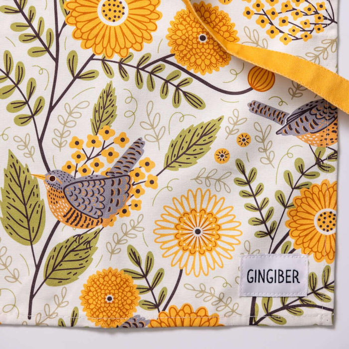 Apron - Gingiber floral apron with adjustable neck strap, large pocket, cotton canvas, 29" L x 26" W, tie back, 100% cotton, imported