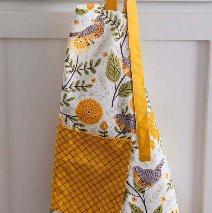 Apron - Gingiber floral apron with adjustable neck strap, large pocket, cotton canvas, 29" L x 26" W, tie back, 100% cotton, imported