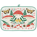 A square quilted potholder with a colorful woodland design featuring red and white mushrooms, green ferns, pink flowers, yellow flowers, and butterflies on an off-white background, finished with a mint green border and top loop.