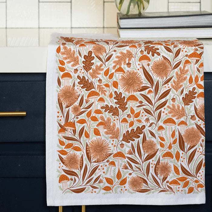 tea towel with mushroom illustrations