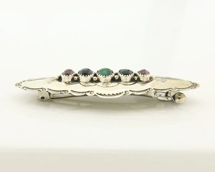 Navajo Barrette Sterling Silver Gemstones Hand Stamped Vintage Signed C/J NEZ