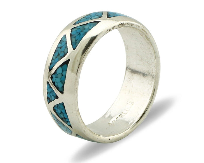 Navajo Chip Inlay Ring 925 Silver Sleeping Beauty Turquoise Artist Silver Cloud