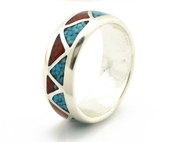 Navajo Chip Inlay Ring 925 Silver Sleeping Beauty Turquoise & Coral Silver Cloud