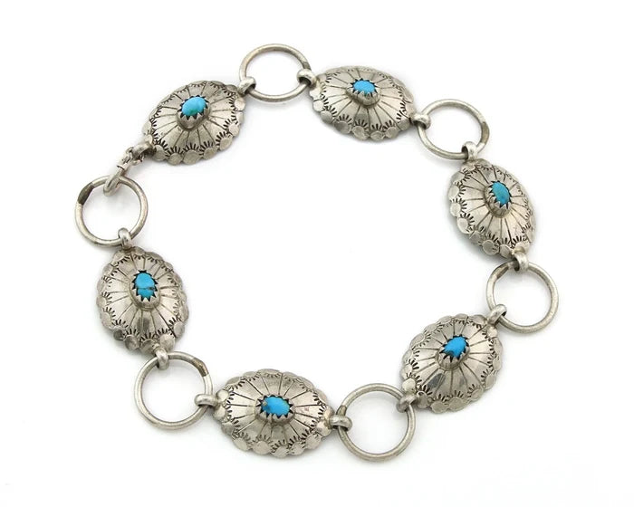 Navajo Concho Bracelet Sterling Silver Turquoise Hand Stamped Signed A.J.