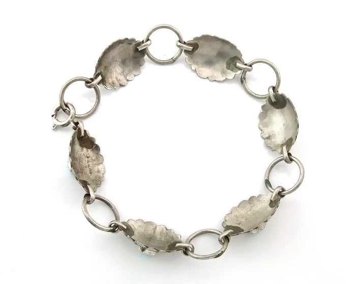 Navajo Concho Bracelet Sterling Silver Turquoise Hand Stamped Signed A.J.