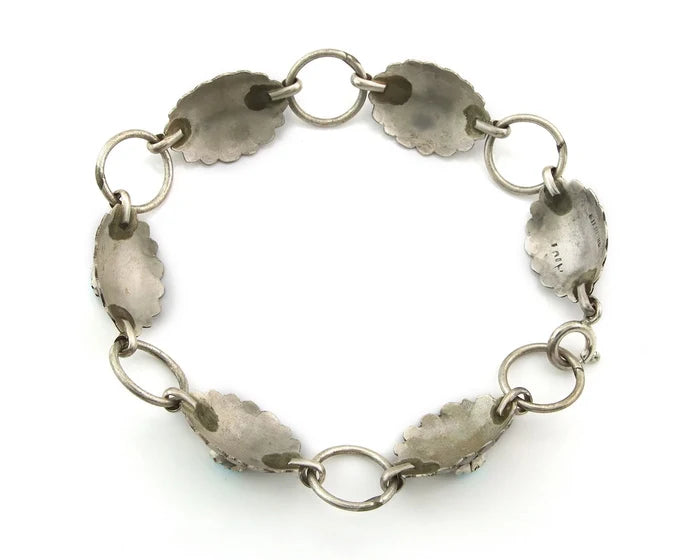 Navajo Concho Bracelet Sterling Silver Turquoise Hand Stamped Signed A.J.