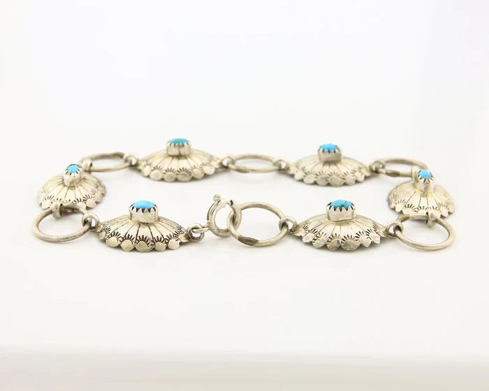 Navajo Concho Bracelet Sterling Silver Turquoise Hand Stamped Signed A.J.