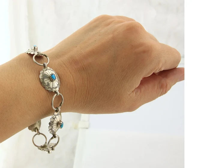 Navajo Concho Bracelet Sterling Silver Turquoise Hand Stamped Signed A.J.