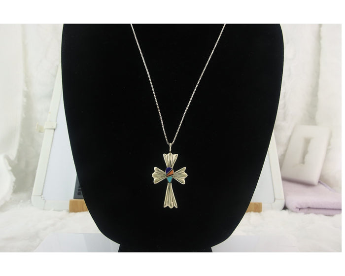 Navajo Cross Necklace Sterling Silver Authentic Natural Gemstones Signed M