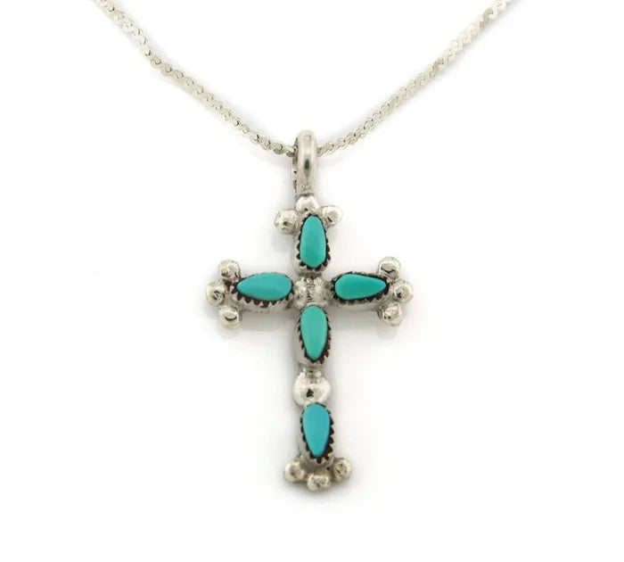 Navajo Cross Necklace Sterling Silver Blue Turquoise Vintage Handmade