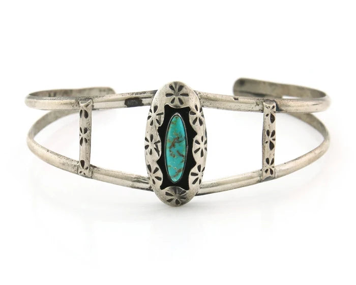 Navajo Cuff Bracelet Sterling Silver Authentic Natural Blue Turquoise Signed IJC
