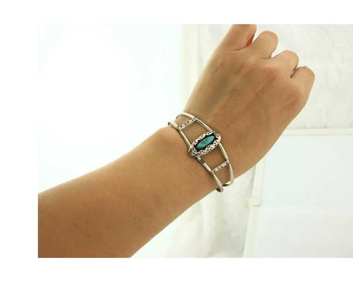 Navajo Cuff Bracelet Sterling Silver Authentic Natural Blue Turquoise Signed IJC