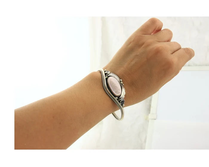 Navajo Cuff Bracelet Sterling Silver Authentic Pink Muscle Signed Justin Morris