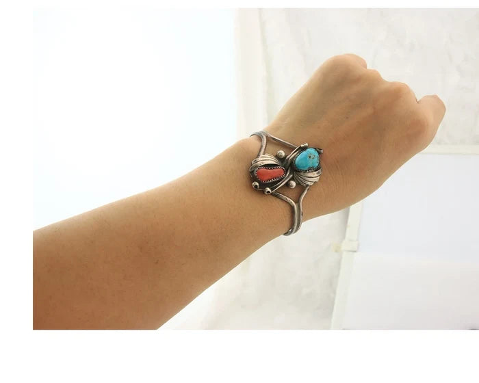 Navajo Cuff Bracelet Sterling Silver Natural Gemstone Vintage Signed BB