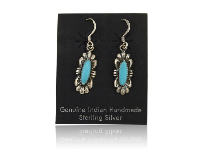 Navajo Dangle Earrings 925 Silver Blue Turquoise Artist Signed Square C.80's
