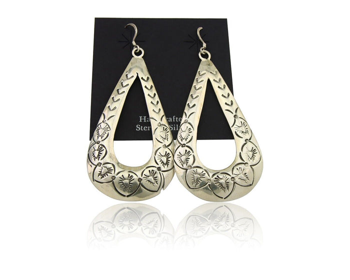 Navajo Dangle Earrings 925 Silver Hand Stamped Native American Artist C.80's