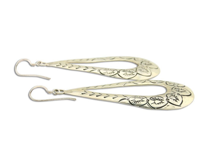 Navajo Dangle Earrings 925 Silver Hand Stamped Native American Artist C.80's