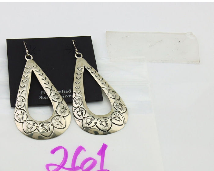 Navajo Dangle Earrings 925 Silver Hand Stamped Native American Artist C.80's