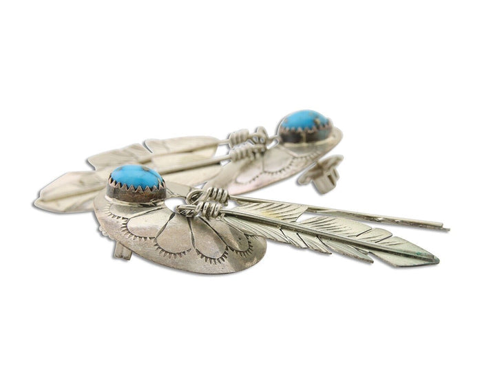Navajo Dangle Earrings 925 Silver Natural Turquoise Native American Artist C80s