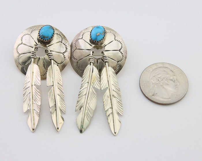 Navajo Dangle Earrings 925 Silver Natural Turquoise Native American Artist C80s
