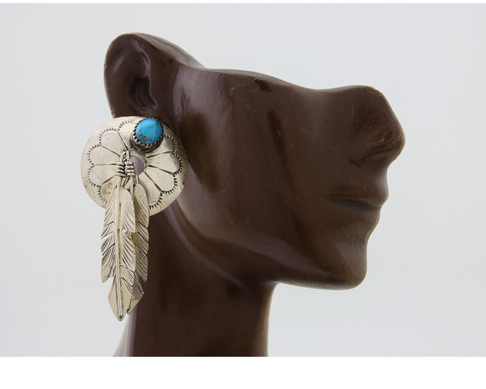 Navajo Dangle Earrings 925 Silver Natural Turquoise Native American Artist C80s