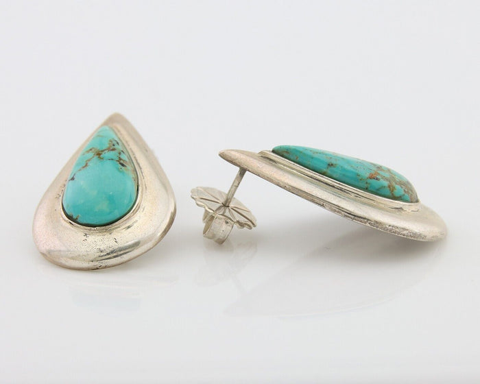 Navajo Dangle Earrings 925 Silver Natural Turquoise Signed Thomas Charay C.1988