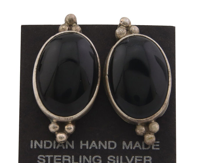 Navajo Earrings 925 Silver Handmade Natural Black Onyx Signed NAKAI C.80's