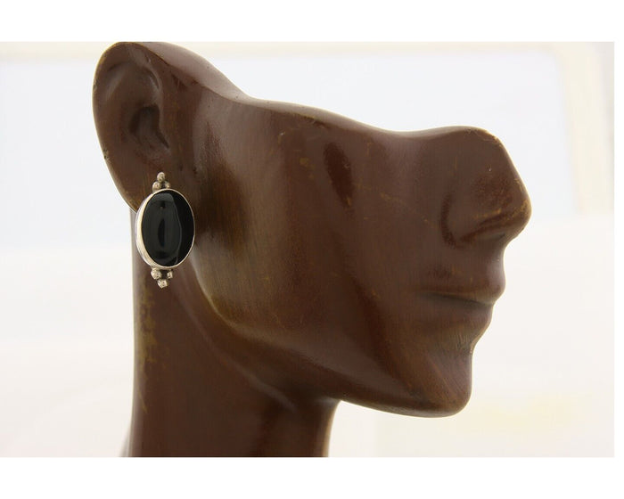 Navajo Earrings 925 Silver Handmade Natural Black Onyx Signed NAKAI C.80's