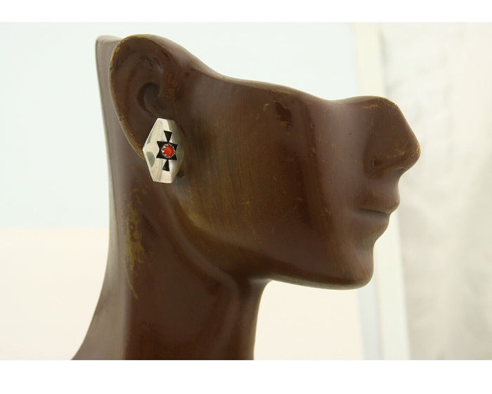 Navajo Earrings 925 Silver Natural Coral Native American Artist C.80's