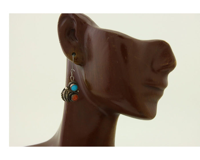 Navajo Earrings 925 Silver Turquoise & Spiney Oyster Native American Artist C80s
