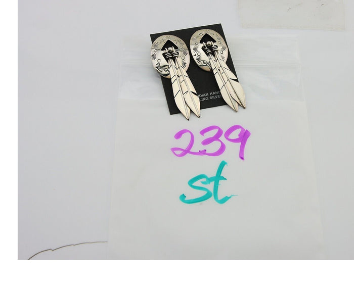 Navajo Feather Earrings 925 Silver Dangle Artist Signed DISHTA C.80's